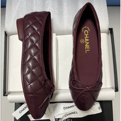 Chanel Ballet Flats Shoes Wine-Red Leather CBFSWRL1020