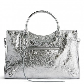 Balenciaga Le City Medium Bag in Silver Metallic Lambskin Balenciaga Le City Medium Bag in Silver Metallic Lambskin