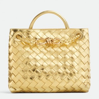 Bottega Veneta Andiamo Small Bag in Gold Intrecciato Metallic Leather