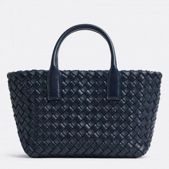 Bottega Veneta Cabat Mini Bag In Navy Blue Intrecciato Lambskin Bottega Veneta Cabat Mini Bag In Navy Blue Intrecciato Lambskin