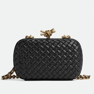 Bottega Veneta Knot Clutch with Chain in Black Intrecciato Lambskin Bottega Veneta Knot Clutch with Chain in Black Intrecciato Lambskin