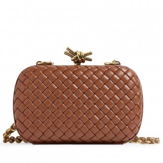 Bottega Veneta Knot Clutch with Chain in Brown Intrecciato Lambskin Bottega Veneta Knot Clutch with Chain in Brown Intrecciato Lambskin