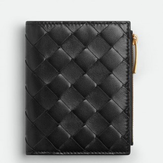 Bottega Veneta Small Bi-Fold Wallet in Black Intrecciato Lambskin Bottega Veneta Small Bi-Fold Wallet in Black Intrecciato Lambskin