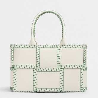 Bottega Veneta White Arco Small Tote with Green Overlock Stitching Bottega Veneta White Arco Small Tote with Green Overlock Stitching