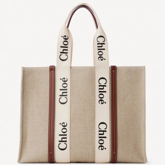 Chloe Woody Large Tote Bag in Linen Canvas with Brown Leather Chloe Woody Large Tote Bag in Linen Canvas with Brown Leather