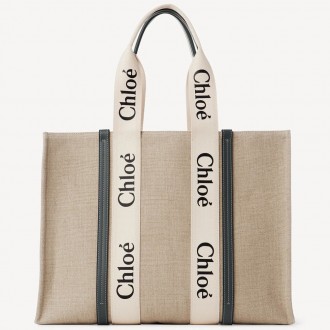 Chloe Woody Large Tote Bag in Linen Canvas with Navy Blue Leather Chloe Woody Large Tote Bag in Linen Canvas with Navy Blue Leather