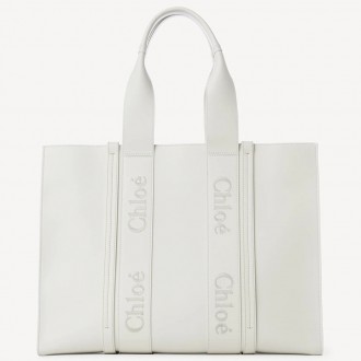 Chloe Woody Large Tote Bag In White Calfskin Chloe Woody Large Tote Bag In White Calfskin