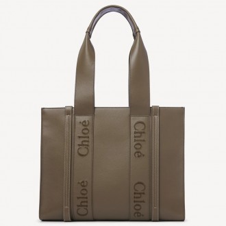 Chloe Woody Medium Tote Bag In Army Green Calfskin Chloe Woody Medium Tote Bag In Army Green Calfskin