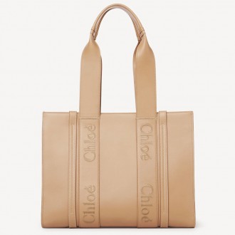 Chloe Woody Medium Tote Bag In Beige Calfskin Chloe Woody Medium Tote Bag In Beige Calfskin