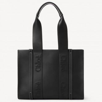 Chloe Woody Medium Tote Bag In Black Calfskin Chloe Woody Medium Tote Bag In Black Calfskin