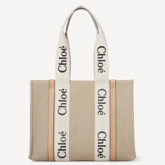 Chloe Woody Medium Tote Bag in Linen Canvas with Beige Leather Chloe Woody Medium Tote Bag in Linen Canvas with Beige Leather