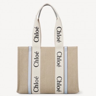 Chloe Woody Medium Tote Bag in Linen Canvas with Blue Leather Chloe Woody Medium Tote Bag in Linen Canvas with Blue Leather