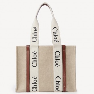 Chloe Woody Medium Tote Bag in Linen Canvas with Brown Leather Chloe Woody Medium Tote Bag in Linen Canvas with Brown Leather
