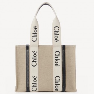 Chloe Woody Medium Tote Bag in Linen Canvas with Navy Blue Leather Chloe Woody Medium Tote Bag in Linen Canvas with Navy Blue Leather
