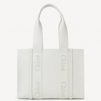 Chloe Woody Medium Tote Bag In White Calfskin Chloe Woody Medium Tote Bag In White Calfskin