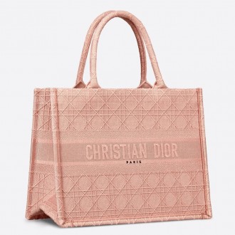 Dior Small Book Tote Bag In Pink Cannage Embroidery