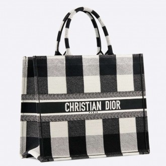 Dior Book Tote Bag In White/Black Check Embroidered Canvas Dior Book Tote Bag In White/Black Check Embroidered Canvas
