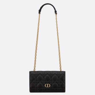 Dior Caro Belt Pouch with Chain In Black Calfskin Dior Caro Belt Pouch with Chain In Black Calfskin