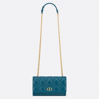 Dior Caro Belt Pouch with Chain In Steel Blue Calfskin Dior Caro Belt Pouch with Chain In Steel Blue Calfskin
