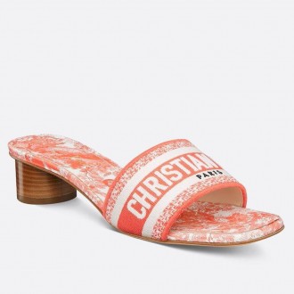 Dior Dioriviera Dway Heeled 35MM Slides in Coral Toile de Jouy Sauvage Cotton Dior Dioriviera Dway Heeled 35MM Slides in Coral Toile de Jouy Sauvage Cotton