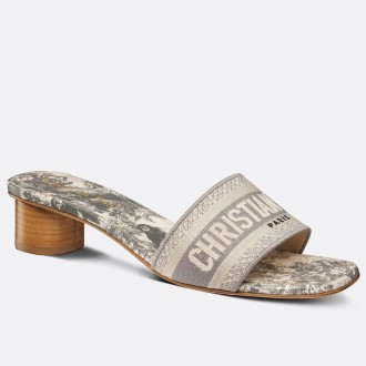 Dior Dioriviera Dway Heeled 35MM Slides in Grey Toile de Jouy Sauvage Cotton Dior Dioriviera Dway Heeled 35MM Slides in Grey Toile de Jouy Sauvage Cotton