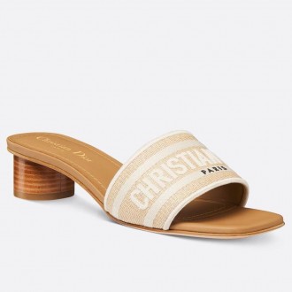 Dior Dioriviera Dway Heeled 35MM Slides in Raffia and White Cotton Dior Dioriviera Dway Heeled 35MM Slides in Raffia and White Cotton