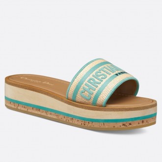 Dior Dioriviera Dway Platform Slides in Raffia and Aquamarina Embroidered Cotton Dior Dioriviera Dway Platform Slides in Raffia and Aquamarina Embroidered Cotton