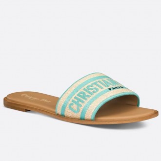 Dior Dioriviera Dway Slides in Raffia and Green Embroidered Cotton Dior Dioriviera Dway Slides in Raffia and Green Embroidered Cotton