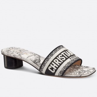 Dior Dway Heeled 35MM Slides in Cotton with Toile de Jouy Voyage Motif Dior Dway Heeled 35MM Slides in Cotton with Toile de Jouy Voyage Motif