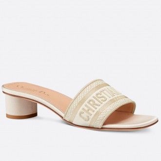 Dior Dway Heeled 35MM Slides in Gold Metallic Thread Embroidered Satin Dior Dway Heeled 35MM Slides in Gold Metallic Thread Embroidered Satin