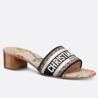 Dior Dway Heeled Slides In Powder Petites Fleurs Embroidered Cotton Dior Dway Heeled Slides In Powder Petites Fleurs Embroidered Cotton