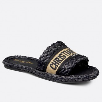 Dior Dway Slides In Black Embroidered Raffia and Cotton Dior Dway Slides In Black Embroidered Raffia and Cotton