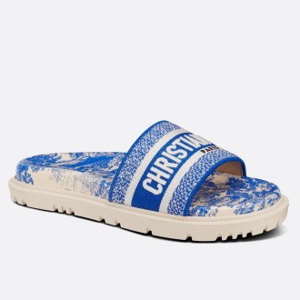 Dior Dway Slides In Bright Blue Toile de Jouy Embroidered Cotton Dior Dway Slides In Bright Blue Toile de Jouy Embroidered Cotton