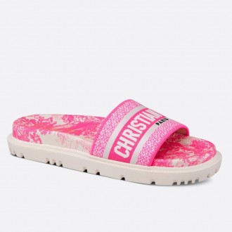 Dior Dway Slides In Bright Pink Toile de Jouy Embroidered Cotton Dior Dway Slides In Bright Pink Toile de Jouy Embroidered Cotton
