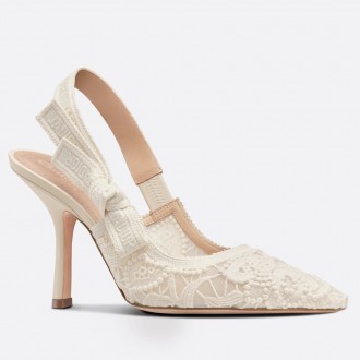 Dior J'Adior Slingback Pumps 100MM In White Macrame Embroidered Cotton Dior J'Adior Slingback Pumps 100MM In White Macrame Embroidered Cotton
