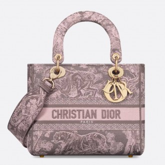 Dior Lady D-Lite Medium Bag in Grey and Pink Toile de Jouy Reverse Embroidery Dior Lady D-Lite Medium Bag in Grey and Pink Toile de Jouy Reverse Embroidery