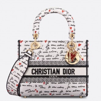 Dior Lady D-Lite Medium Bag in White and Red Je Vous Adore Motif Dior Lady D-Lite Medium Bag in White and Red Je Vous Adore Motif