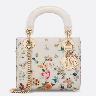 Dior Lady Dior Mini Bag in White Calfskin with Multicolor Small Flowers Dior Lady Dior Mini Bag in White Calfskin with Multicolor Small Flowers