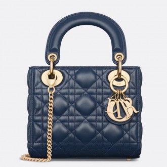 Dior Lady Dior Mini Bag with Chain in Navy Blue Cannage Lambskin Dior Lady Dior Mini Bag with Chain in Navy Blue Cannage Lambskin