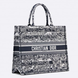 Dior Large Book Tote Bag In Blue Toile de Jouy Stripes Embroidery Dior Large Book Tote Bag In Blue Toile de Jouy Stripes Embroidery