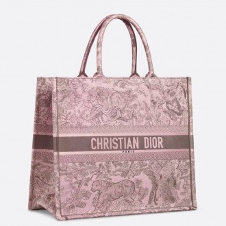 Dior Large Book Tote Bag in Pink and Gray Toile de Jouy Sauvage Embroidery Dior Large Book Tote Bag in Pink and Gray Toile de Jouy Sauvage Embroidery