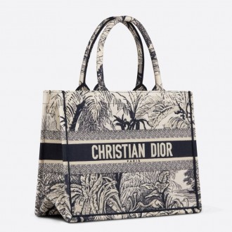 Dior Small Dior Book Tote In Blue Toile de Jouy Palms Embroidery