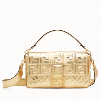 Fendi Baguette Large Bag In Gold Lambskin With FF Motif Fendi Baguette Large Bag In Gold Lambskin With FF Motif