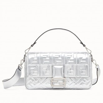 Fendi Baguette Large Bag In Silver Lambskin With FF Motif Fendi Baguette Large Bag In Silver Lambskin With FF Motif