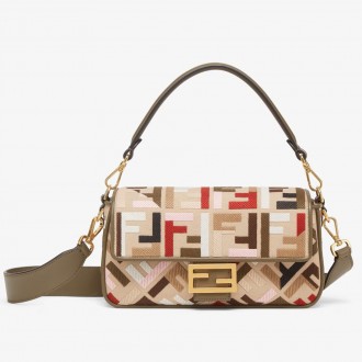 Fendi Baguette Medium Bag in Canvas with Multicolor FF Embroidery Fendi Baguette Medium Bag in Canvas with Multicolor FF Embroidery