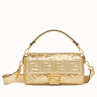 Fendi Baguette Medium Bag In Gold Lambskin With FF Motif Fendi Baguette Medium Bag In Gold Lambskin With FF Motif