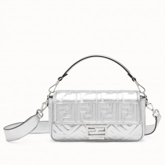 Fendi Baguette Medium Bag In Silver Lambskin With FF Motif Fendi Baguette Medium Bag In Silver Lambskin With FF Motif