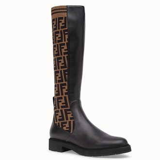 Fendi Rockoko High Boots In Leather With FF Fabric Fendi Rockoko High Boots In Leather With FF Fabric