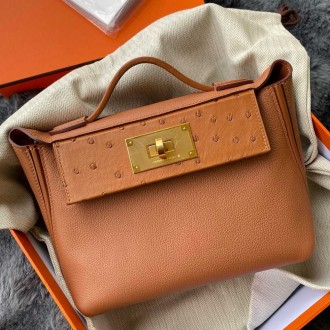Hermes 24/24 Mini 21 Touch Bag in Gold Evercolor and Ostrich Leather Hermes 24/24 Mini 21 Touch Bag in Gold Evercolor and Ostrich Leather