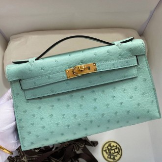 Hermes Aqua Kelly Pochette Ostrich Handmade Bag Hermes Aqua Kelly Pochette Ostrich Handmade Bag